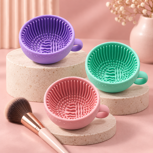 Foldable Makeup Brush Cleaning Bowls in light purple, mint green and pink
